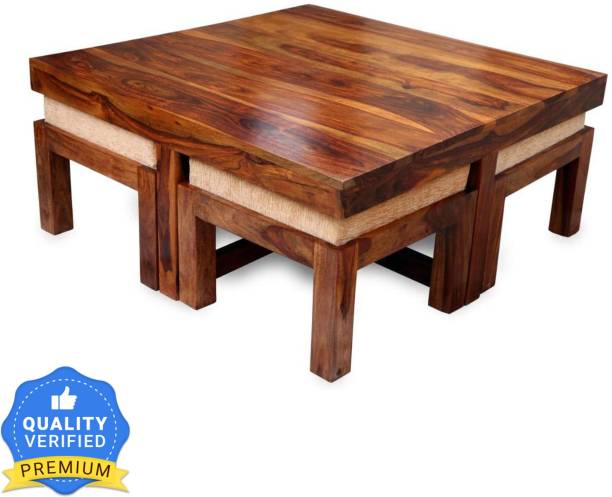 Taskwood Furniture Premium Quality Sheesham Wood Coffee Table With Four Stool Cushion :- Cream Solid Wood Coffee Table