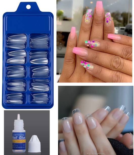 Facejewel 100 Pcs Reusable Acrylic False Nails With Nail Glue For Women's & Girls TRANSPARENT