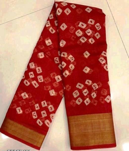 Polka Print Bandhani Cotton Blend Saree Price in India