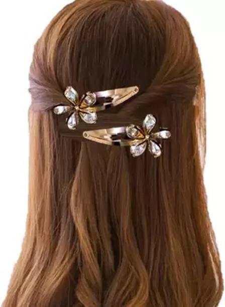NANDANA COLLECTIONS Pack of 4 Pcs Flower Design Stones Tic Tac Clip Gold Hair Pin