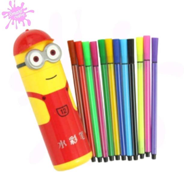 SmartCrafting Minnions Cartoon Bottle Shape Pencil Box With Many Ball Pens|Very Cute Box Minnions Art Plastic Pencil Box