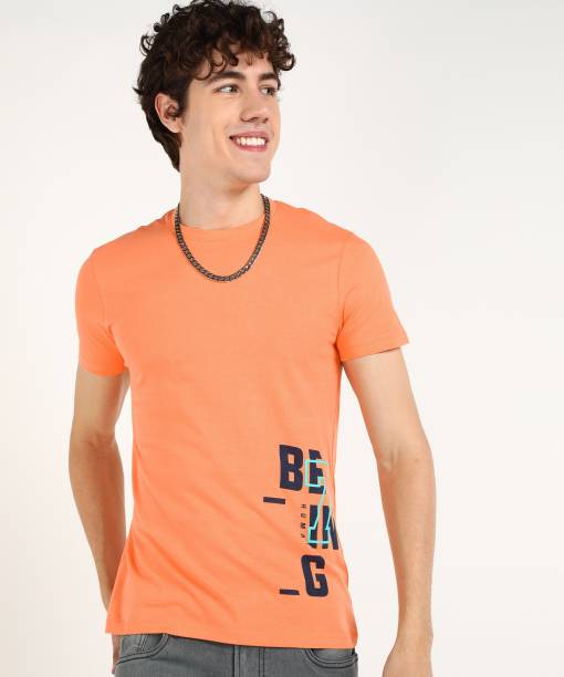 Men Typography Round Neck Orange T-Shirt Price in India