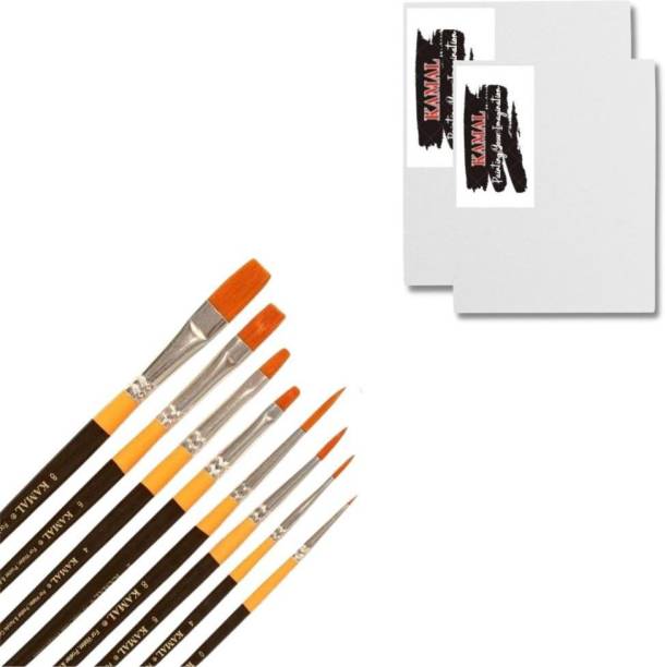 KAMAL Ultra Set of 8 Brushes with Canvas Board Medium Grain 8x10 , 10x12 Inch Set of 2