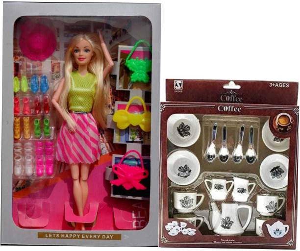 Jeevika Gallery Doll Set Girls /With Shine Slippers Doll Set / Mini Coffce Set (Multicolor)