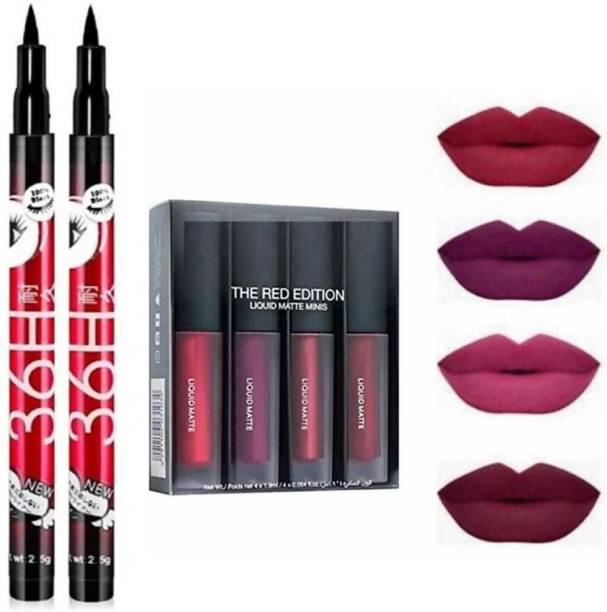 eaglemart 36h Long lasting Black Eyeliner(2pcs) + Red Edition Matte Liquid Lipsticks(4pcs)
