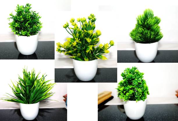 Fly Buy Five artificial plant four green and one yellow for home and office decor Bonsai Wild Artificial Plant  with Pot