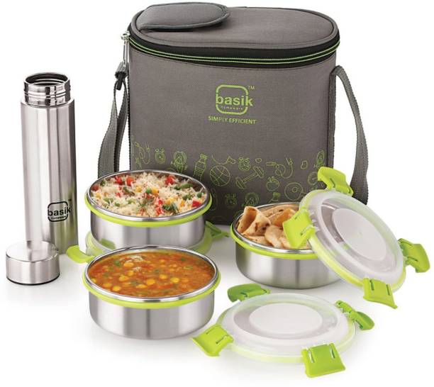 BASIK Featherline Click & Sip 4 Stainless Steel Lunch Box & Bottle Combo (Set of 4) 3 Containers Lunch Box