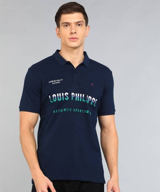 Louis Philippe Sports Printed Men Polo Neck Blue T-Shirt