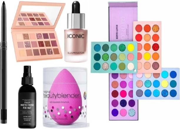 lujo Smudge Proof Kajal & Velvet Eyeshadow ,Highlighter,Fixer Face Spray & Beauty Blender & Color Board Eyeshadow Palette (6 Items)