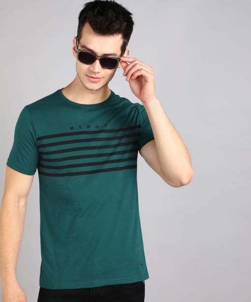 Striped Men Round Neck Dark Green T-Shirt Price in India