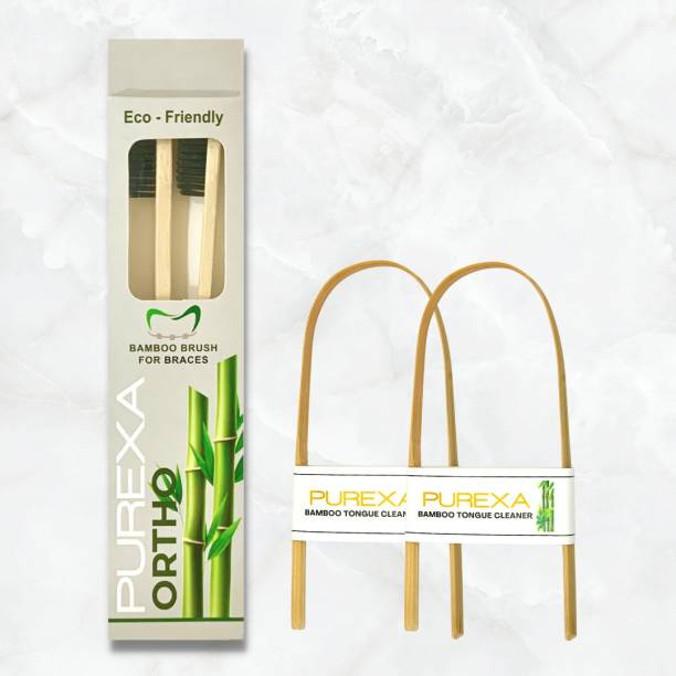 PUREXA Orthodontic Bamboo Charcoal Toothbrush For Braces With Bamboo Tongue Cleaner Extra Soft Toothbrush