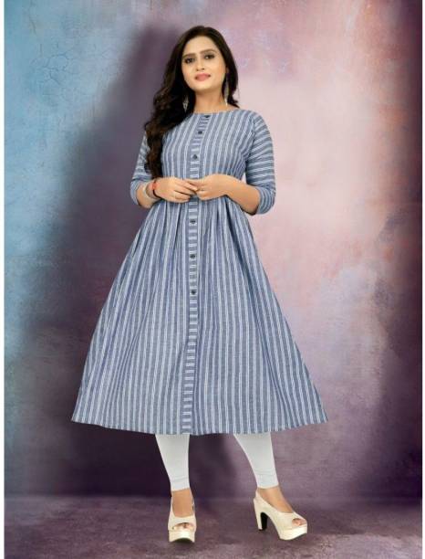 Women Striped Cotton Blend A-line Kurta Price in India