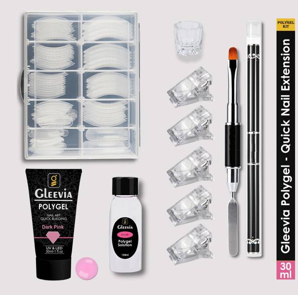 Gleevia PolyGel Nail Art Quick Building 30ml Pack - Quick Nail Extension Gel Dark Pink (Combo Kit)