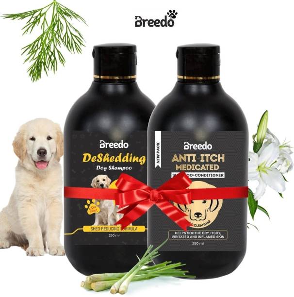Breedo (Combo of 2) Dog Deshedding Shampoo (250 ml) + Anti-Itch Shampoo (250 ml) Allergy Relief, Conditioning, Anti-fungal, Anti-microbial, Anti-itching, Anti-dandruff Natural Dog Shampoo