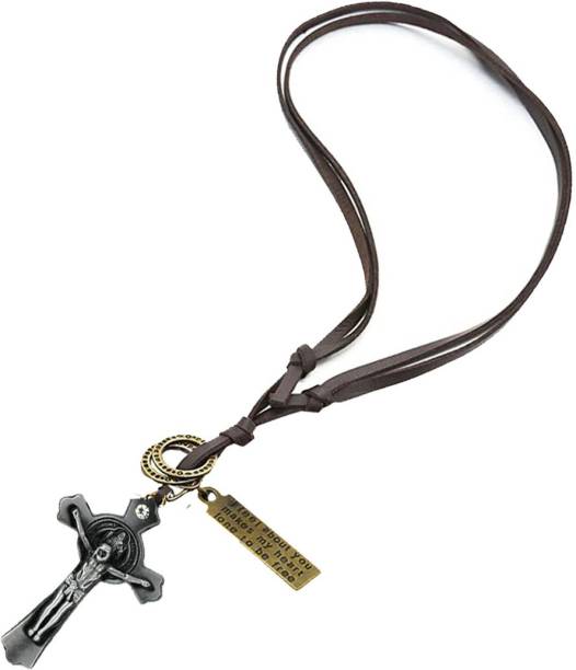 AFH Jesus Christ Crucifix Silver Cross Leather Rope Religious Auto Interior Hanging Car Hanging Ornament