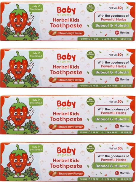 babyorgano Herbal Kids Toothpaste - 100% Ayurvedic - Babool & Mulethi Herbs - Strawberry Toothpaste