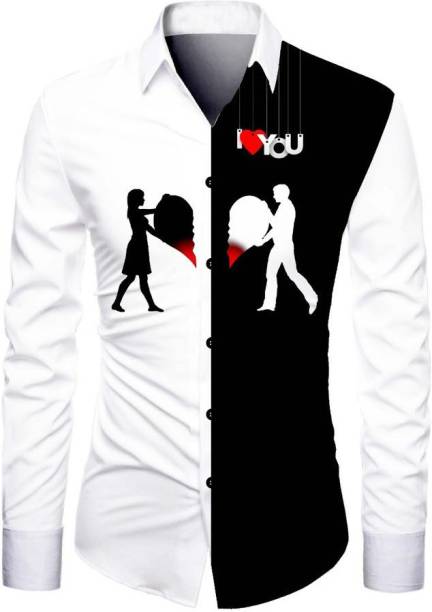 candacts Men Printed Casual White, Black Shirt