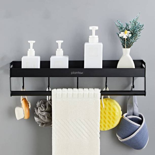 Plantex Aluminium Multipurpose Bathroom Shelf with Towel Rod and Movable Hooks Black Towel Holder