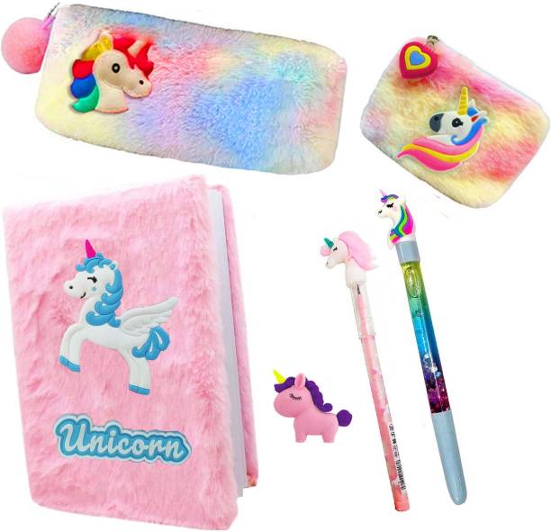 Neel 6Pcs Unicorn Stationery Gift Set-Fur Diary/Pouch/Coin Pouch/Pencil/Pen & Eraser