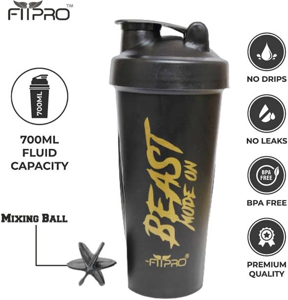 FitPro Gym Shaker Bottle 700ml, Shaker Bottles for Protein Shake BLACK 100% Leakproof 700 ml Shaker
