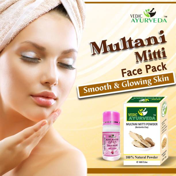 VEDICAYURVEDA Multani mitti powder face pack with (60ml) Rose Water for Glowing face