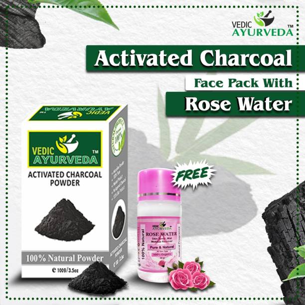 VEDICAYURVEDA Activated Charcoal face pack with Free (60ml) Rose Water for skin Brightning