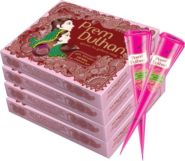 Prem Dulhan 100% Pure Natural, No Chemical 12 Pieces in Pink Mehandi cone 350gm (Pack of 4) Natural Mehendi