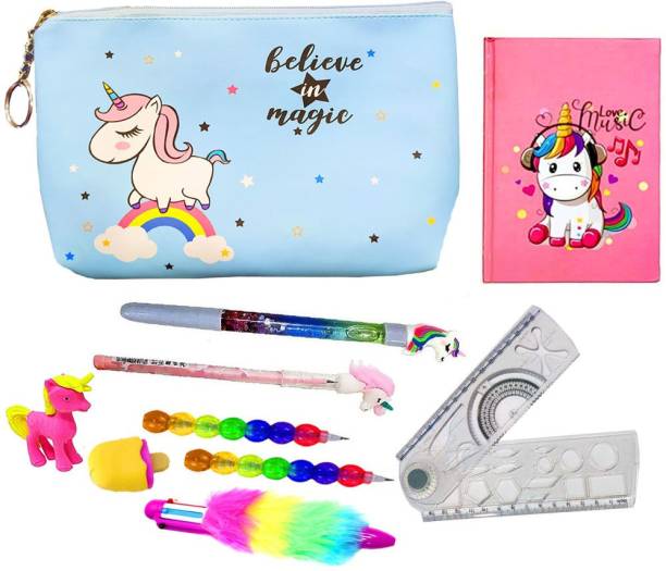 Neel stationery Unicorn jumbo Combo pack-12Ps A5pouch/diary/pencil/pen/erasers &scale