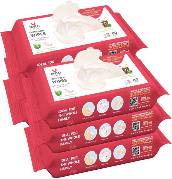 MYLO Gentle Baby Wipes, Soft Cleansing Baby Wipes with Coconut Oil, 98% Pure Water & Aloe Vera, 0% Alcohol, Parabens and Soap Free, Ideal For Your Baby's Everyday Skin Care Routine, with lid (80 Pieces, Pack of 6), Comes with a Seal Lid