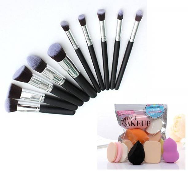 MY TYA 10 Piece Premium Makeup Brushes Set , Black + 6 Piece Makeup Sponges