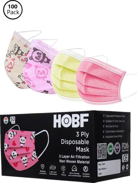 hobf Kids 3Ply Surgical Face Mask With Nosepin, Multicolor Pack of 100Pcs Kids Mask FGK100-PK,YL,Pr,L.YL,Pr,L.PK Surgical Mask