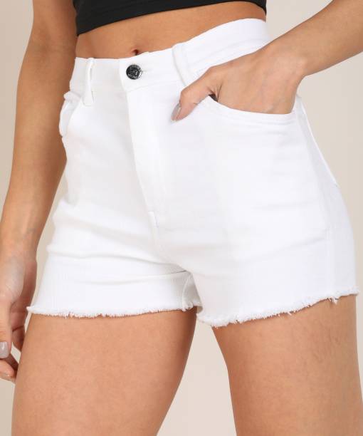 MONTREZ Solid Women White Denim Shorts