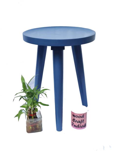 wood craft india Modern End Table for Living Side Table Round with 3 Foldable Legs-(Blue) Solid Wood Side Table