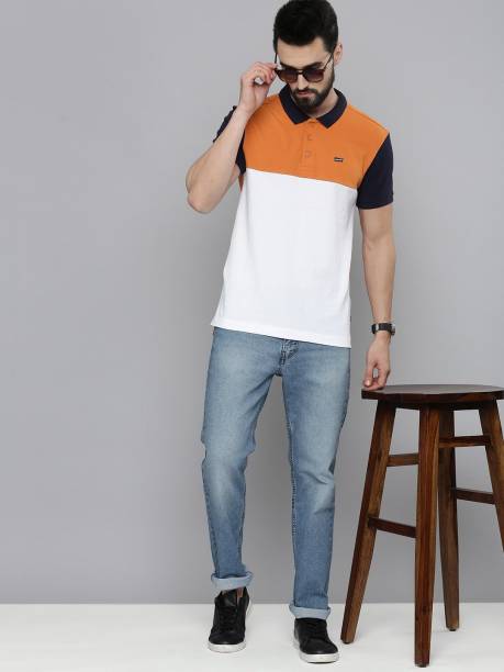 Men Color Block Polo Neck White T-Shirt Price in India