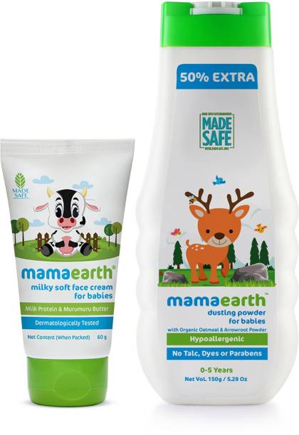 MamaEarth Milky Soft Natural Baby Face Cream for Babies 50mL änd Talc Free Organic Dusting Powder for Babies with Arrowroot & Oat Starch, 150g
