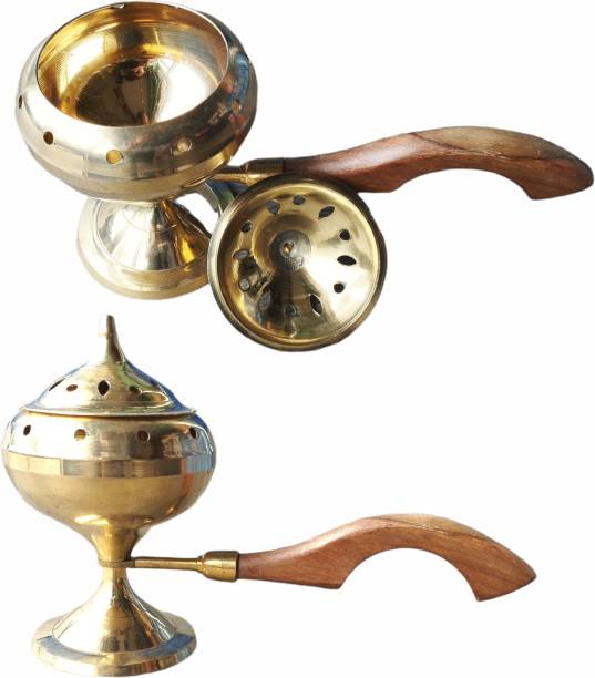 Robin Export Company Premium Quality Brass Sambrani Stand & Loban Dhoop Dani with Wooden Handle Dhoop