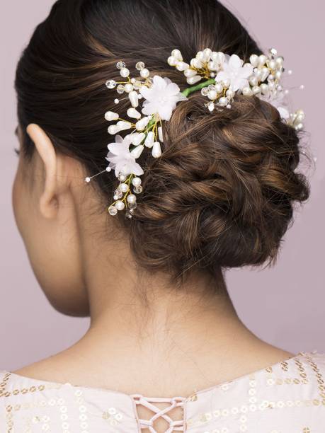 RUBANS Floral hair bun cover with diamonds, pearls and flowers. Bun Stick