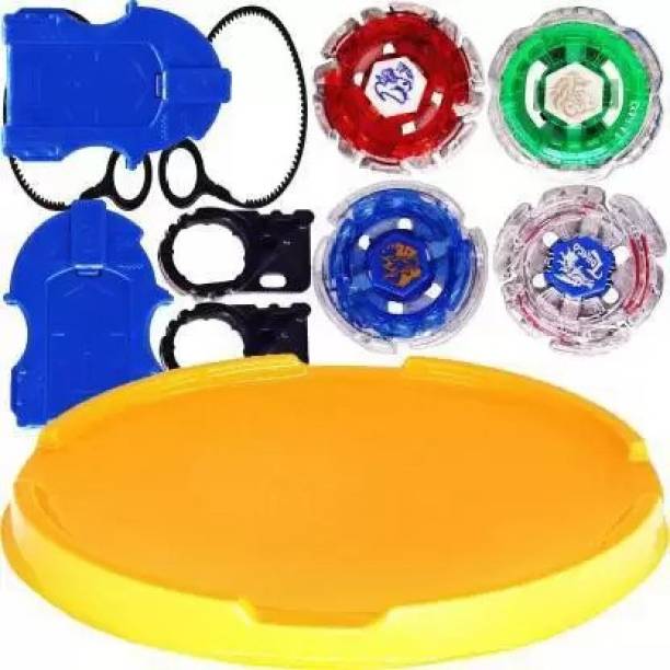 TAZURBA Metal Fighter with Metal Ring4 Spinning Top, 2 Handle Launcher, Sticker Set