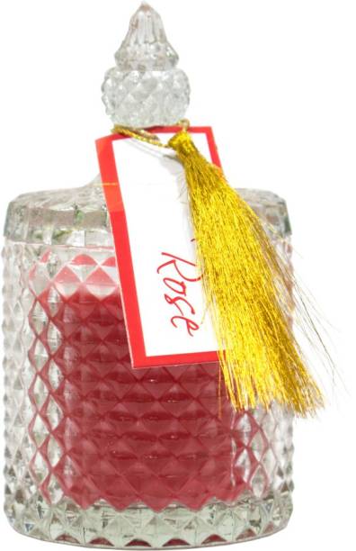 Shanaya Red Rose Dimond Cut Glass Jar Candle, 55 Hours Burning Time, Smokeless Wick Candle