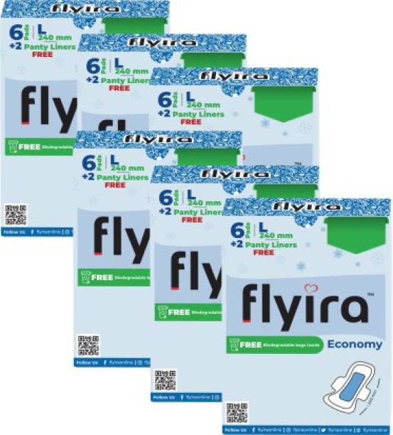 Flyira Economy Regular Sanitary Pads | Pack Of 6 + 12 Pantyliners Free With 36 Large Sanitary Pad
