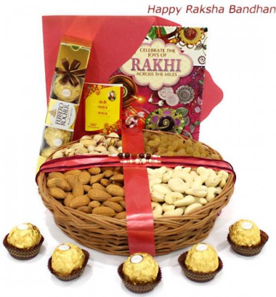 HAPPINESSBOX Rakhi Special hamper with Dry-fruit, Chocolate and Card Gifts hamper | Almonds, Cashews, Raisins, Pistachios