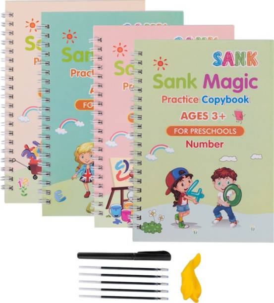 Manogyam Magic Practice Copybook For Kids - Handwriting Practice For Kids, Reusable Children's Calligraphy Letter Tracing - Early Education Writing Practice Book - Sank Letters (4 Books With Pens)