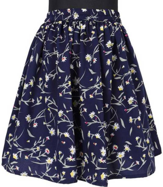 Trefle Floral Print Girls Gathered Dark Blue Skirt