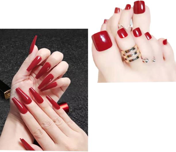 business venture 44 PC/Set COMBO OF hand and Toe RED nail tips Reusable Artificial with glue. RED