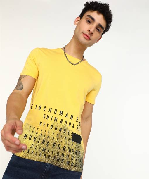 BEING HUMAN Printed Men Crew Neck Yellow T-Shirt