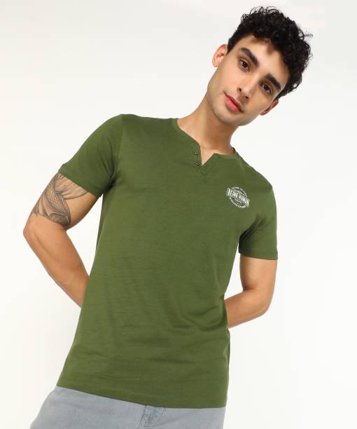 BEING HUMAN Solid Men Henley Neck Green T-Shirt