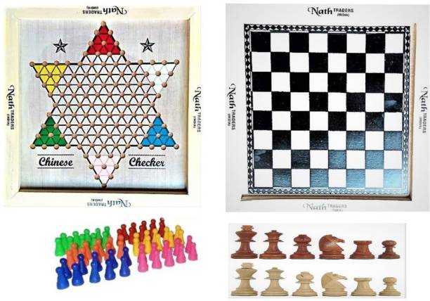 HK Sport & Toys 2in 1 Chinese Checker & Chess Board with Plastic Checker Token & Wooden Chessmen Strategy & War Games Board Game