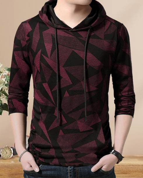 T410 Men Printed Hooded Neck Maroon, Black T-Shirt Price in India