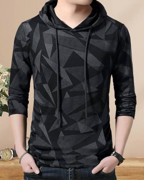 T410 Men Printed Hooded Neck Black, Grey T-Shirt Price in India