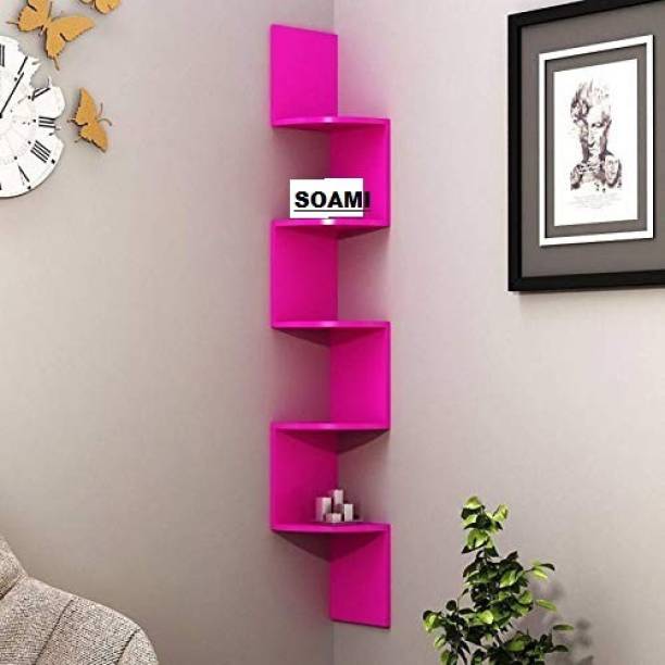 Radha Crafts Wood Zigzag Corner Wall Mount Wall for Living and Bedroom Decoration (Pink) Wooden Wall Shelf